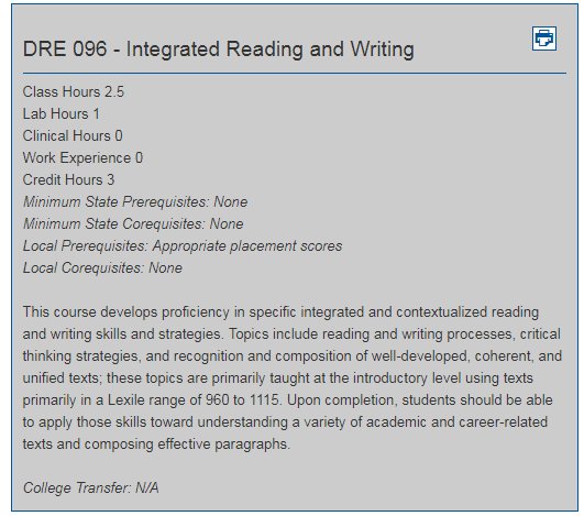 Picture example includes a grey square block with Course Prefix, Numbers, Title, Hours, Credits, Prerequisites/Corequisites and Course Description for DRE 096. 