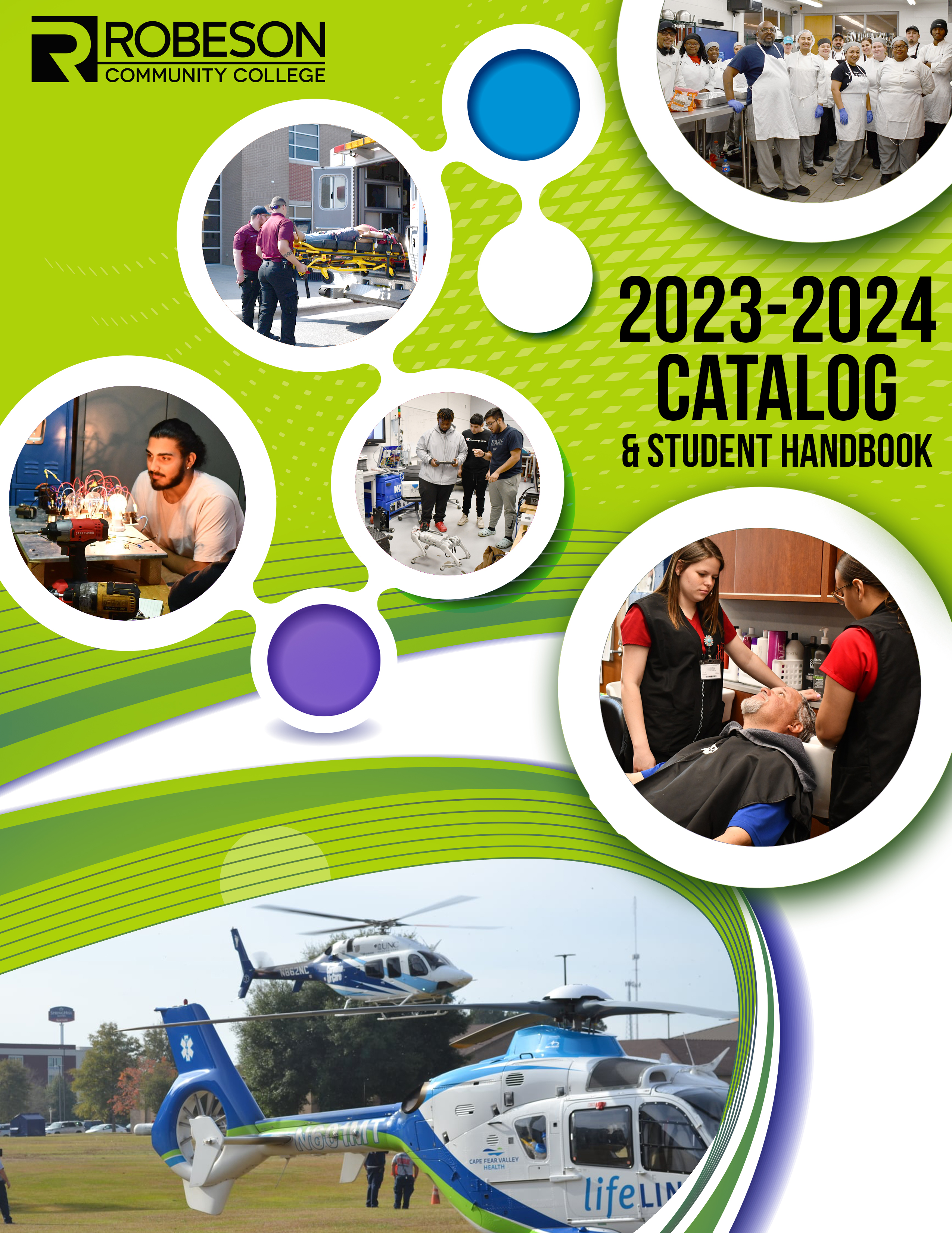 2023-2024 Catalog and Student Handbook; eight circular frames containing images of individual students, groups of students, colors, and helicopters.