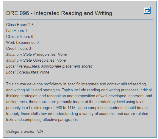 exemplo de imagem inclui um bloco quadrado cinza com prefixo de curso, números, título, horas, créditos, pré-requisitos/Corequisites e descrição do curso para DRE 096. 